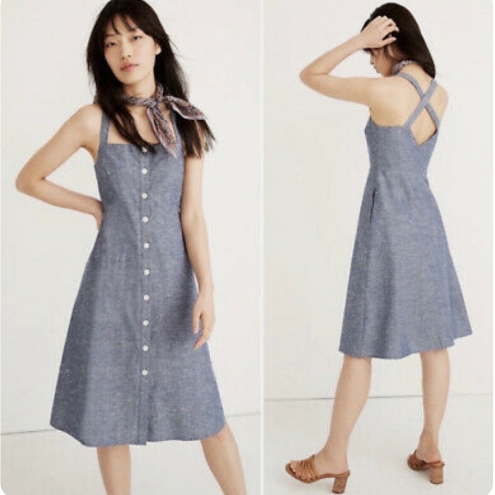 Madewell Chambray Tank Button-Front Cross Back  Dress With Pockets Size 6